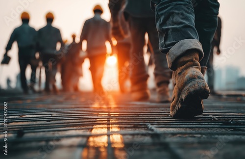 Wallpaper Mural Construction workers walking on a site at sunrise, wearing boots and helmets, silhouetted against the morning light. Torontodigital.ca
