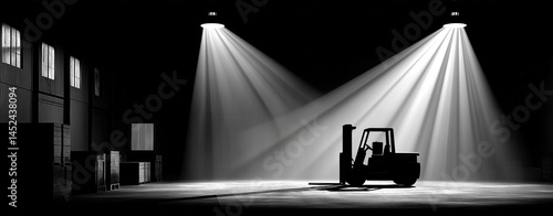 A forklift sits in a dimly lit warehouse, illuminated by two bright overhead spotlights, surrounded by boxes and industrial shelving.