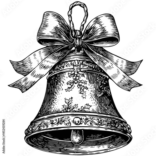 Hand drawn Christmas bell, vintage woodcut engraving style, retro festive decor, classic ornament, holiday design, rustic illustration, old-fashioned sketch, traditional Christmas vector