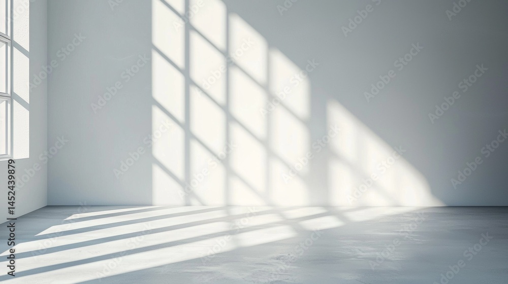 Fototapeta premium Sunlight filters through large windows, casting intricate shadow patterns on the bare concrete floor of a minimally decorated room. The atmosphere feels calm and spacious
