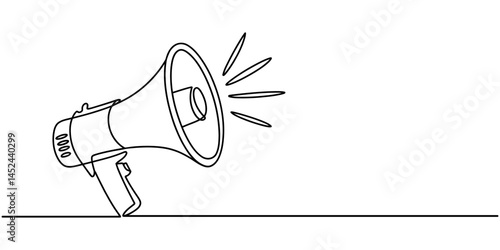 Megaphone Continuous Line Icon, Continuous line drawing Holding by hand megaphone Speaker Single Line Icon vector illustration, Megaphone icon continuous one line drawing, Public horn speaker in one.