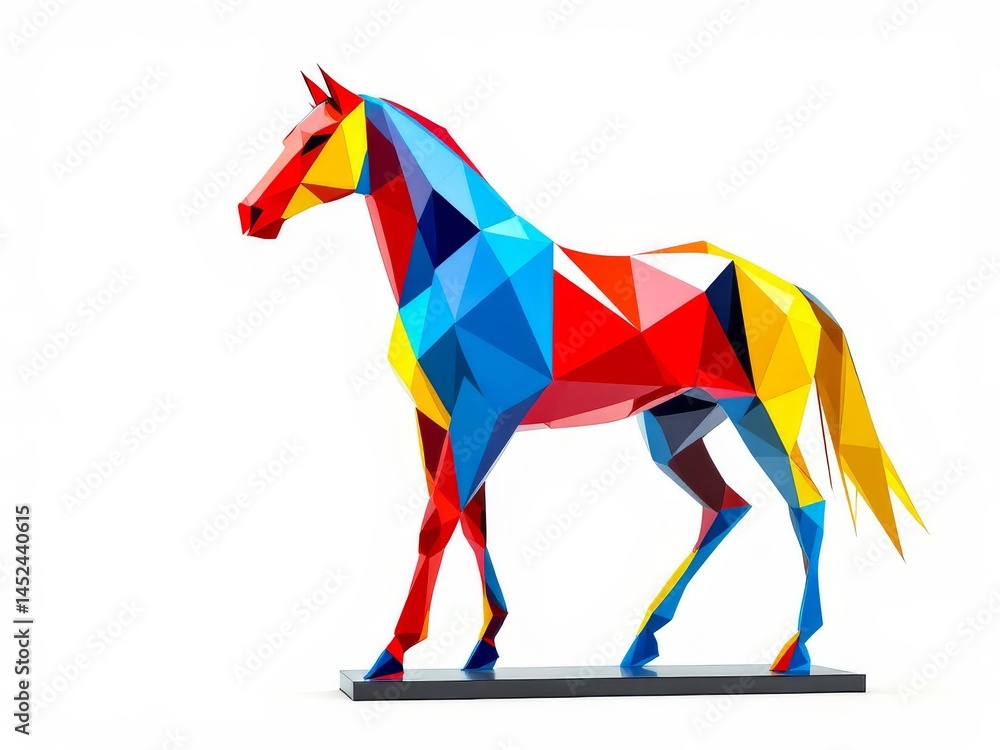 Obraz premium Wide shot of a colorful geometric low-poly horse sculpture in red, blue, and yellow standing on a base against a plain white background under studio light.