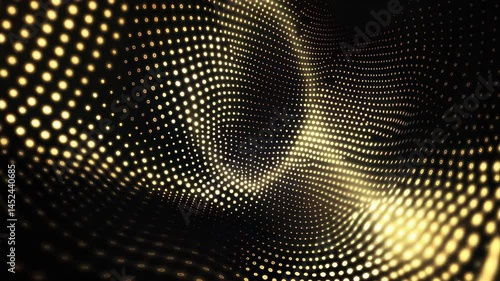 Golden light dots form a dynamic wave pattern on a black background. The surface appears to ripple and bend, resembling a futuristic energy field 