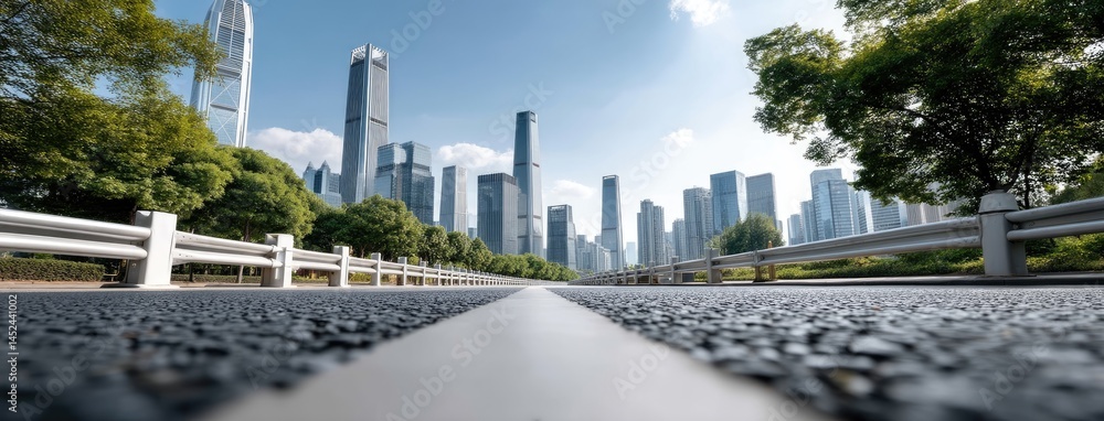 The bright day showcases an empty asphalt road winding alongside a river with lush greenery and a city skyline The bright day showcases an empty asphalt road winding alongside a river with lush greenery and a city skyline