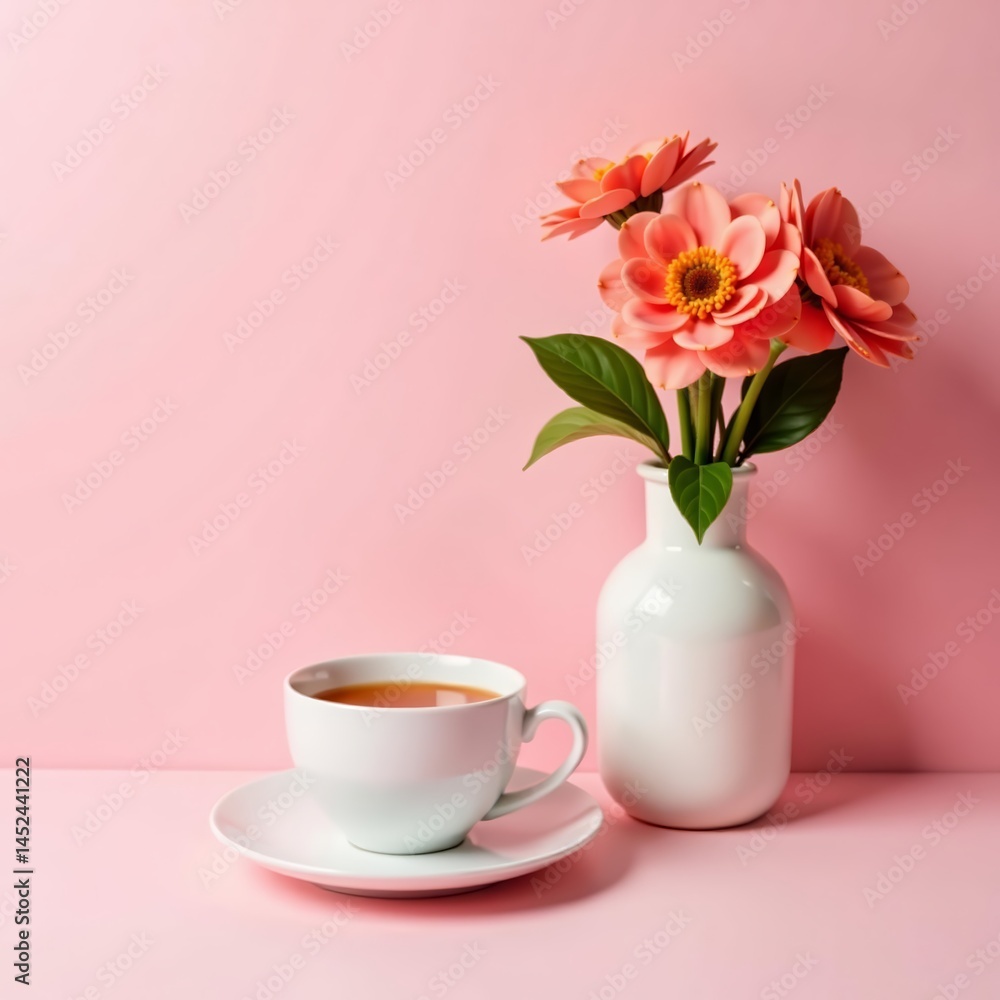 A stylish cup of tea next to a vase of fresh flowers on a pink background, background, cup A stylish cup of tea next to a vase of fresh flowers on a pink background, background, cup