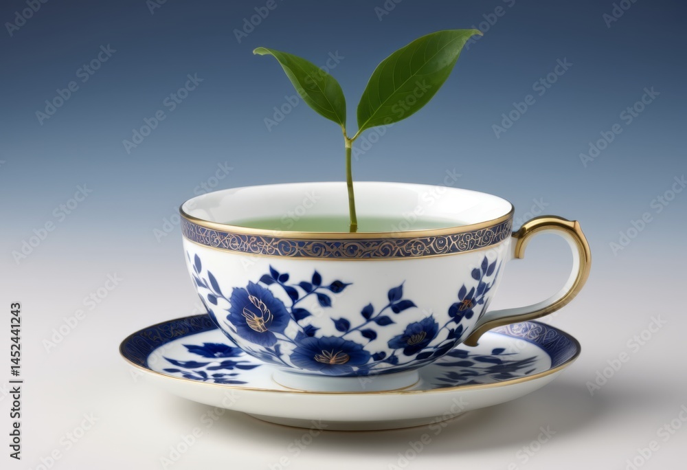 A small plant in a teacup on a saucer A small plant in a teacup on a saucer