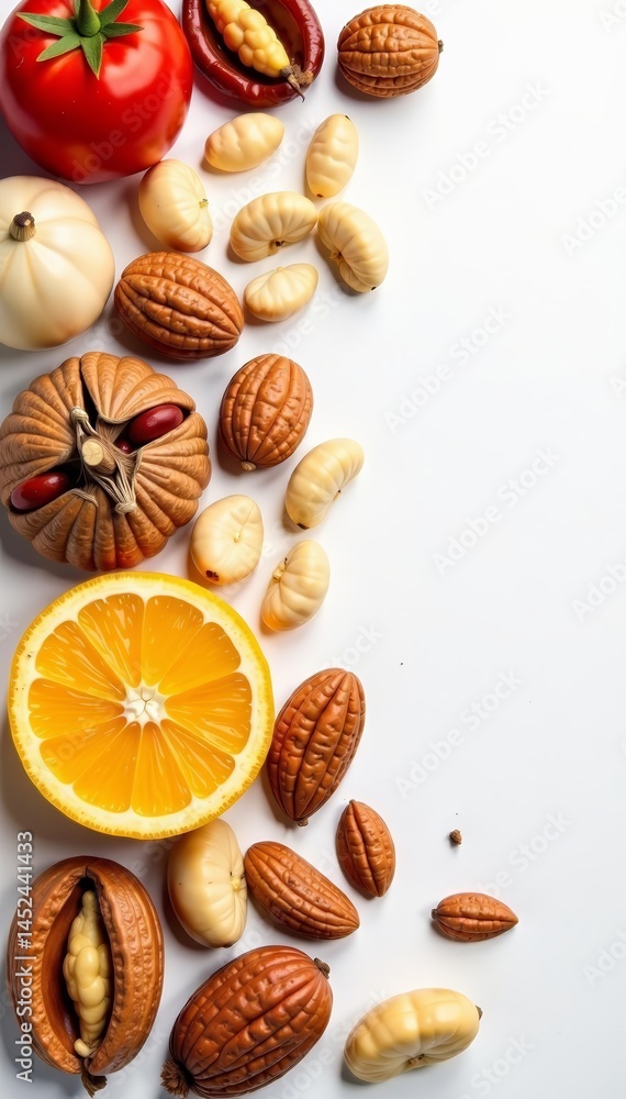 A variety of nuts and superfoods lined up on a white background, natural, lifestyle A variety of nuts and superfoods lined up on a white background, natural, lifestyle