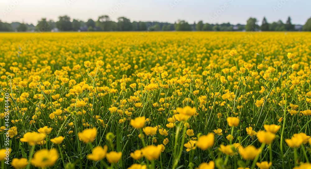 Obraz premium Abundant Yellow Flowers Blossom In A Vibrant Meadow Under Sunny Sky