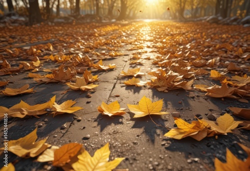 Golden sunlight illuminates fallen leaves, leaving central area open , sunlight, template, oak