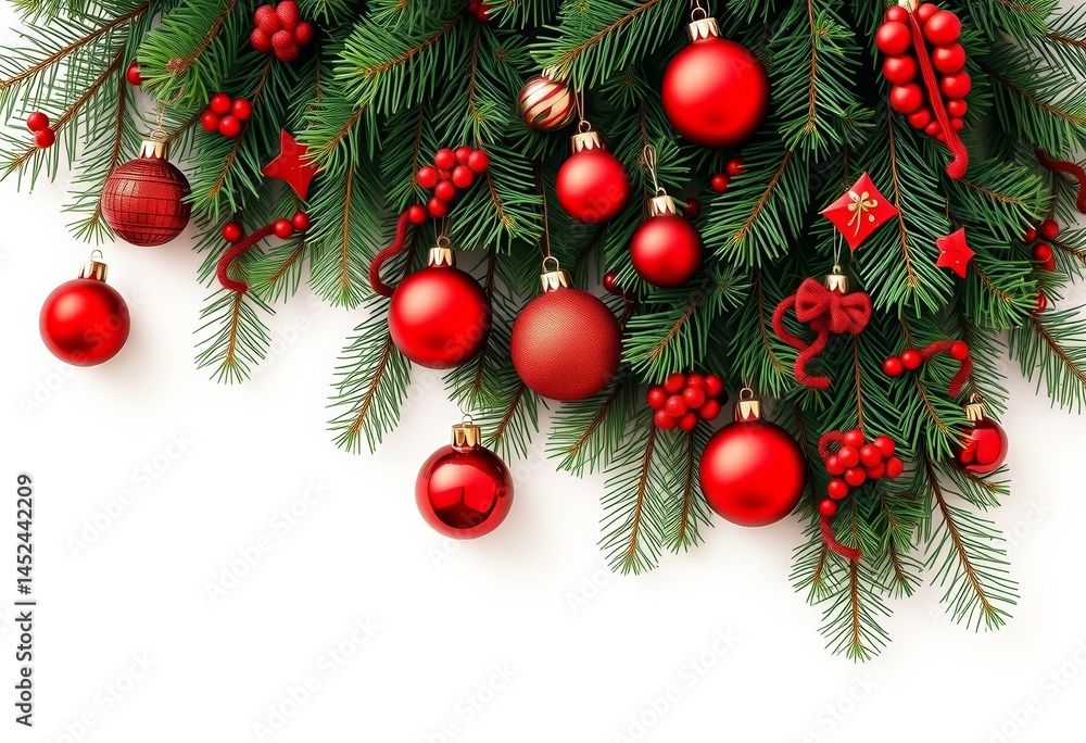 Crisp white background showcases lush fir branches, interwoven with vibrant red and green ornaments, creating a festive holiday scene, holiday decor, winter Crisp white background showcases lush fir branches, interwoven with vibrant red and green ornaments, creating a festive holiday scene, holiday decor, winter