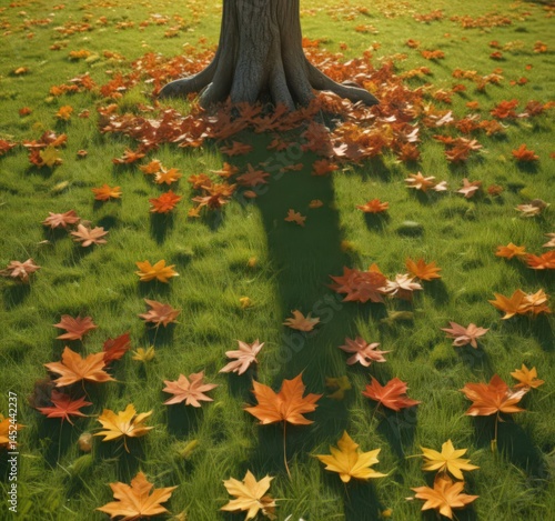 Sunlit maple and oak leaves scattered on grass, ample copy space, green, photography