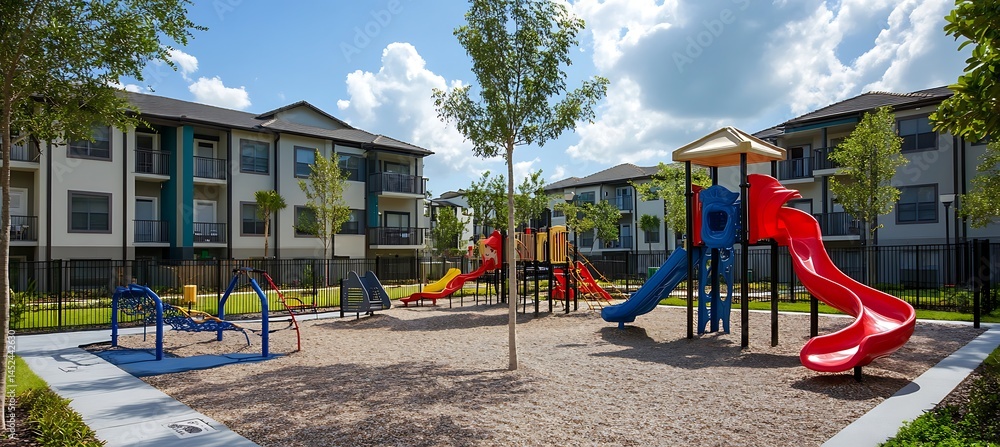 Fototapeta premium Family-Friendly Apartment Complex Background Including Outdoor Playgrounds, Well-Maintained Parking Areas, and Urban Community Housing Units