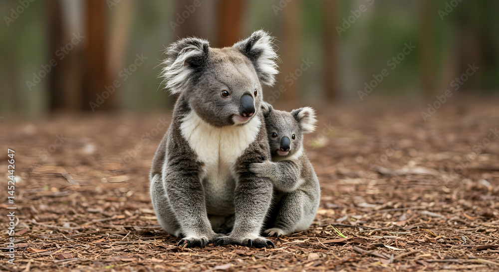 Obraz premium Tender Moment Between Adult Koala and Baby Koala in Natural Habitat