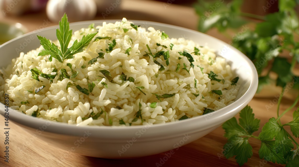 Slow cook rice dish flavorful Freshly cooked rice garnished with herbs in a bowl. Slow cook rice dish flavorful Freshly cooked rice garnished with herbs in a bowl.