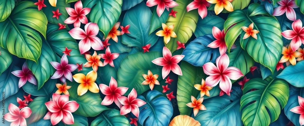 Naklejka premium Lush watercolor tropical leaves, vibrant blooms, overflowing with nature's richness, AI generated, bright