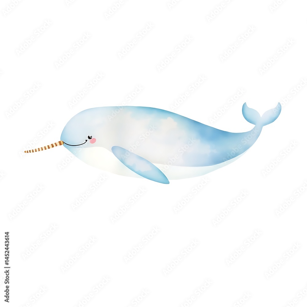 Obraz premium Watercolor painting of a narwhal with spiral tusk swimming in arctic tones isolated on a clean white background