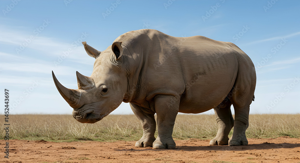 Fototapeta premium Majestic Rhinoceros Standing in the Open Grassland Under Blue Sky