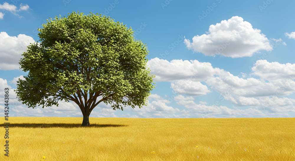 Lush Green Tree Under Bright Blue Sky with Fluffy White Clouds Lush Green Tree Under Bright Blue Sky with Fluffy White Clouds