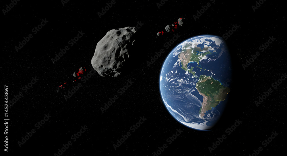 Obraz premium Earth and Asteroid in Space with Black Background and Stars