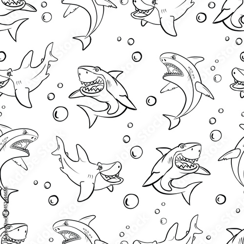 Hand drawn style sharks seamless pattern. Black and white abstract with hand drawn sharks. Shark Characters Texture Designs for Textile Wallpaper prints, T-shirts, wrappers, fabric textiles, websites