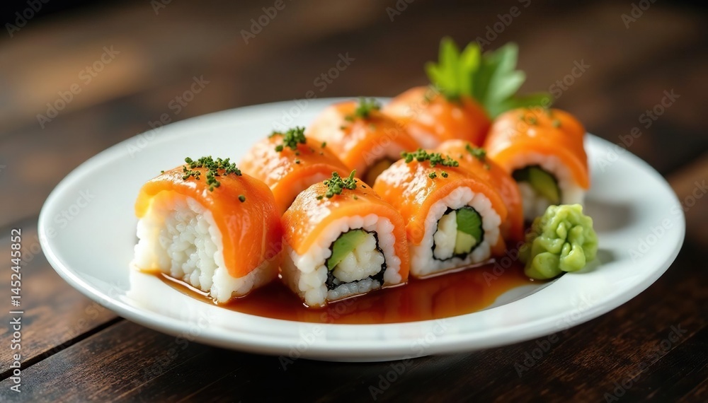 Various sushi rolls on white plate, soy sauce, wasabi, cuisine, food Various sushi rolls on white plate, soy sauce, wasabi, cuisine, food
