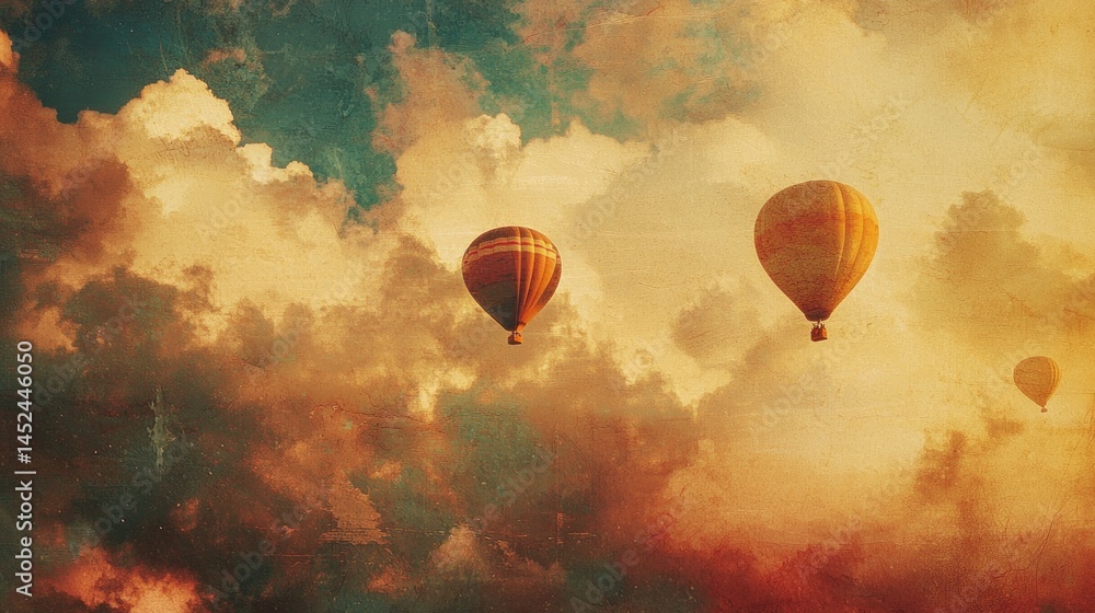 Obraz premium Two hot air balloons soar through a dramatic sky of clouds.
