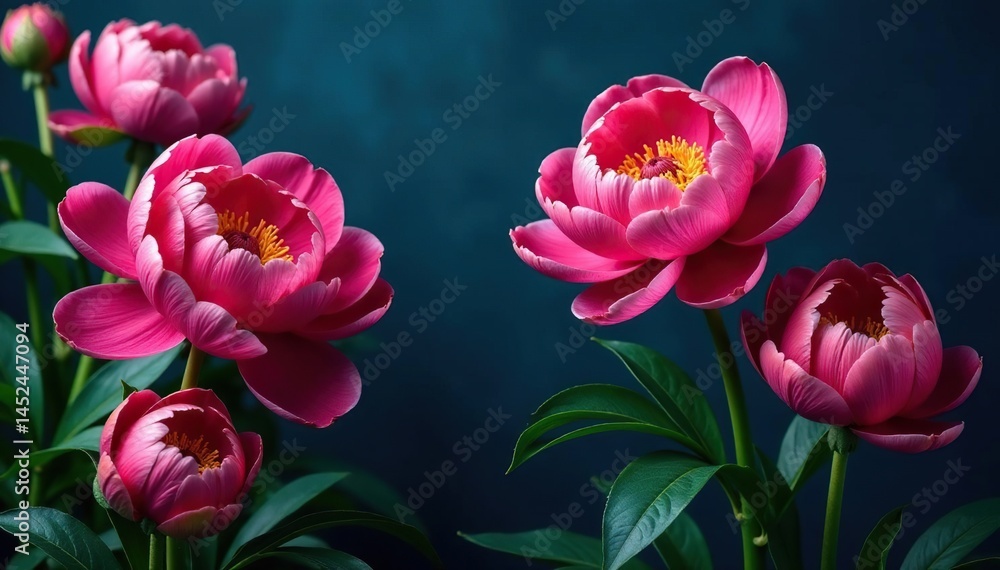 Fototapeta premium Bold peony blooms in vibrant hues, lush foliage on a dark navy backdrop , modern, dramatic