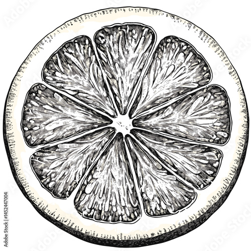 Citrus slice, vintage woodcut, stipple style, retro sketch, old engraving, botanical fruit art, hand drawn lemon vector, detailed citrus illustration, antique fruit design