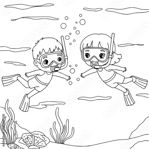 Children dive on the ocean with fish. Coloring page illustration vector. black and white.