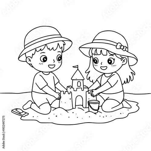 children build sand castle on the beach. coloring page for kids. Kawaii style