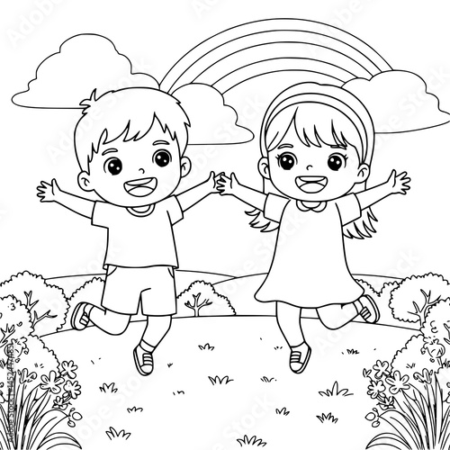 happy boy and girl playing in the park. coloring page for kids.