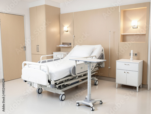 modern adjustable hospital bed in a clean well-lit private room