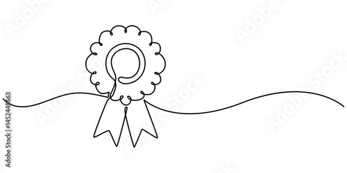 Single continuous line drawing of the best quality award badge with gold star winning medal illustration, Winning badge in one continuous line drawing. Symbol of a winner. Award winning ribbon minimal