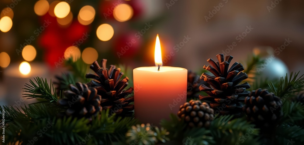 Glowing candle, pinecones, greenery, soft bokeh lights, serene holiday scene, warm, lights Glowing candle, pinecones, greenery, soft bokeh lights, serene holiday scene, warm, lights