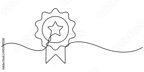 Single continuous line drawing of the best quality award badge with gold star winning medal illustration, Winning badge in one continuous line drawing. Symbol of a winner. Award winning ribbon minimal
