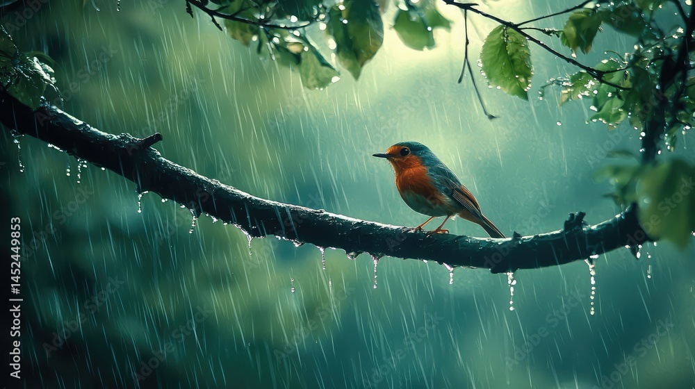 Fototapeta premium A robin, resting on a branch while raindrops drip from the tree above, with the mist of the rain enveloping the scene.