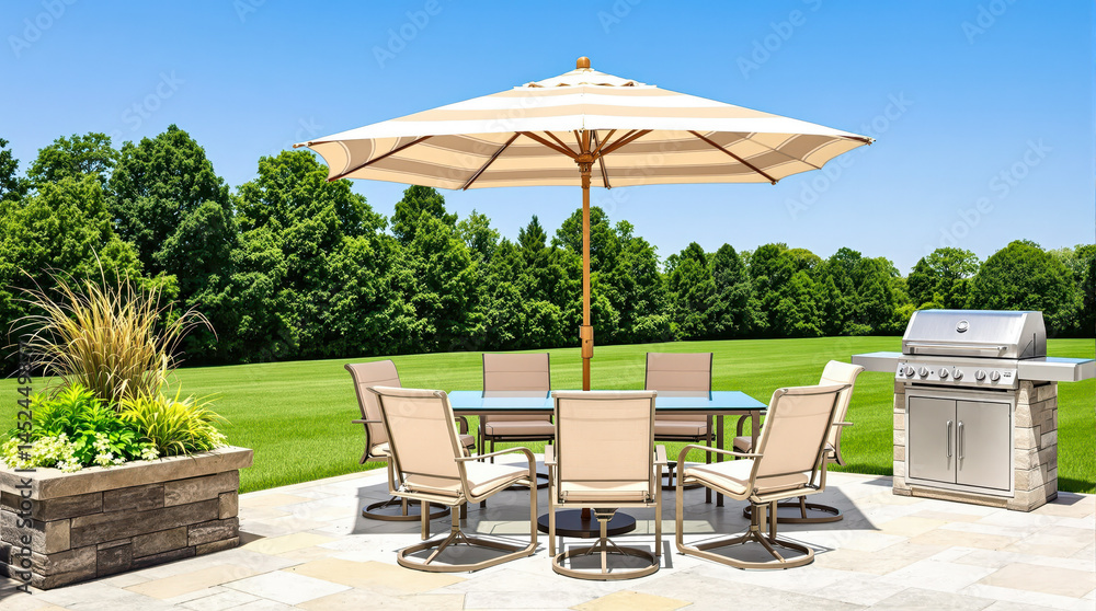Obraz premium stylish outdoor patio dining set with umbrella and grill