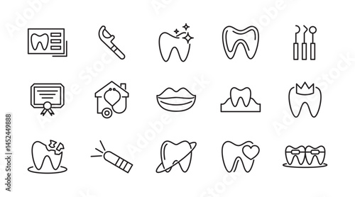 Dental line icon set. Related to tooth, dentist, toothpaste, toothbrush, teeth, implant, clean teeth, dentist, implant, braces line icon set. UI thin line icon pack.