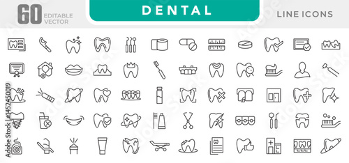 Dental line icon set. Related to tooth, dentist, toothpaste, toothbrush, teeth, implant, clean teeth, dentist, implant, braces line icon set. UI thin line icon pack.