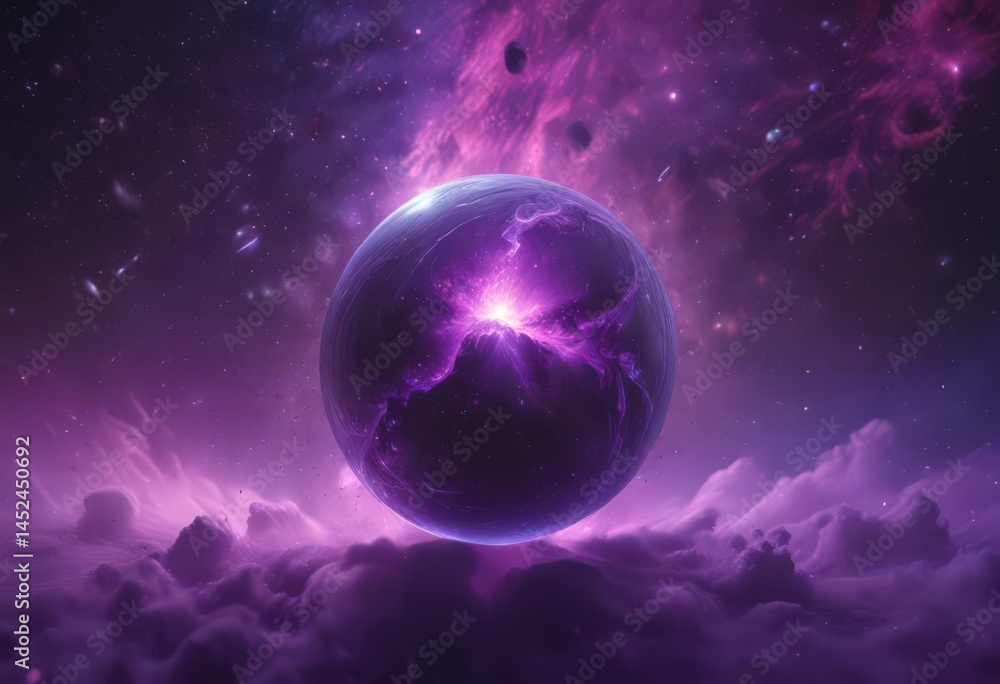 Glowing orb floats in vibrant purple nebula Cosmic dust swirls around , vibrant, stellar, cosmic dust Glowing orb floats in vibrant purple nebula Cosmic dust swirls around , vibrant, stellar, cosmic dust
