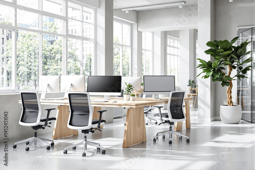 Wallpaper Mural modern office workspace with light wood desks and contemporary mesh chairs Torontodigital.ca