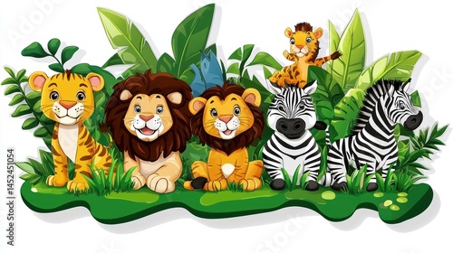 Fototapeta Naklejka Na Ścianę i Meble -  Fun jungle safari sticker with lions, tigers, and zebras