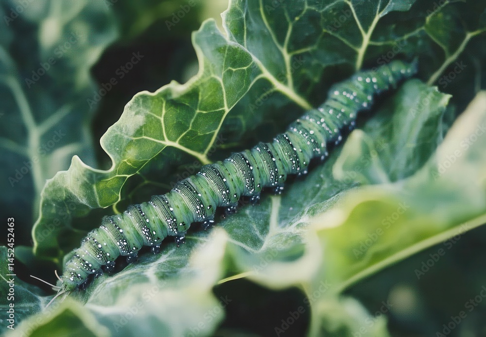 Naklejka premium Close-up of a vibrant green caterpillar crawling on lush green leaves in a natural setting showcasing the beauty of nature and insect life in detail