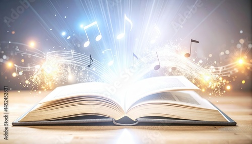 Open book with glowing musical notes emanating from its pages, showcasing the connection between literature and music