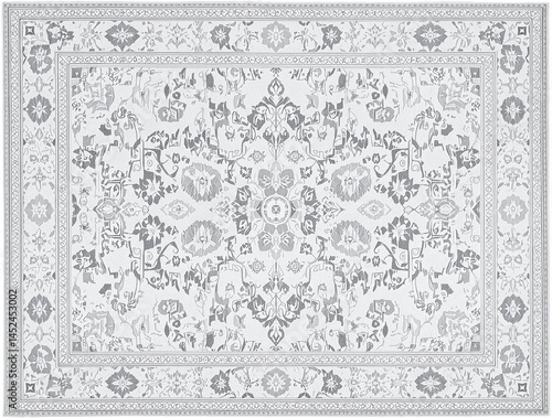 gray and white rug with a repeating floral and geometric