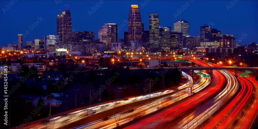 Stunning Night View of Minneapolis Skyline with City Traffic Lights Stunning Night View of Minneapolis Skyline with City Traffic Lights