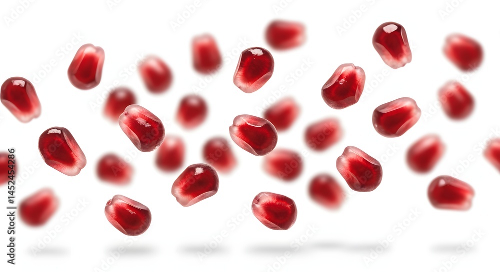 pomegranate seeds floating, white background pomegranate seeds floating, white background