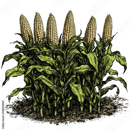 Corn field, vintage engraving style, woodcut sketch, black vector illustration, old rural scene, retro farm art, antique agriculture, rustic countryside, hand drawn field landscape