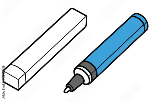 An eraser and blue marker with black outlines are seen over a white background