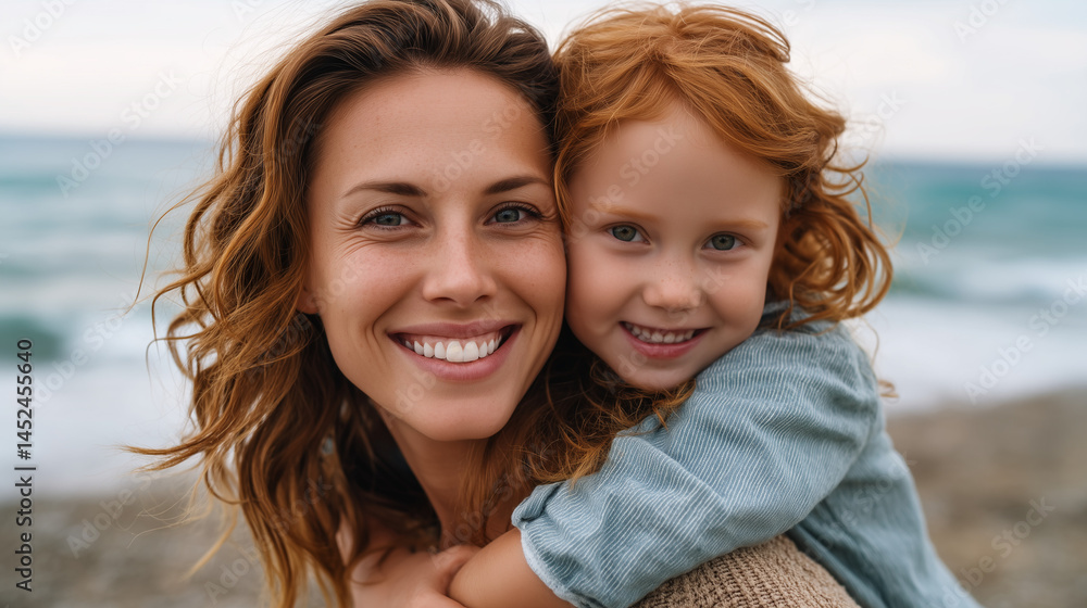 Fototapeta premium Smiling mother and beautiful daughter having fun at the beach. 